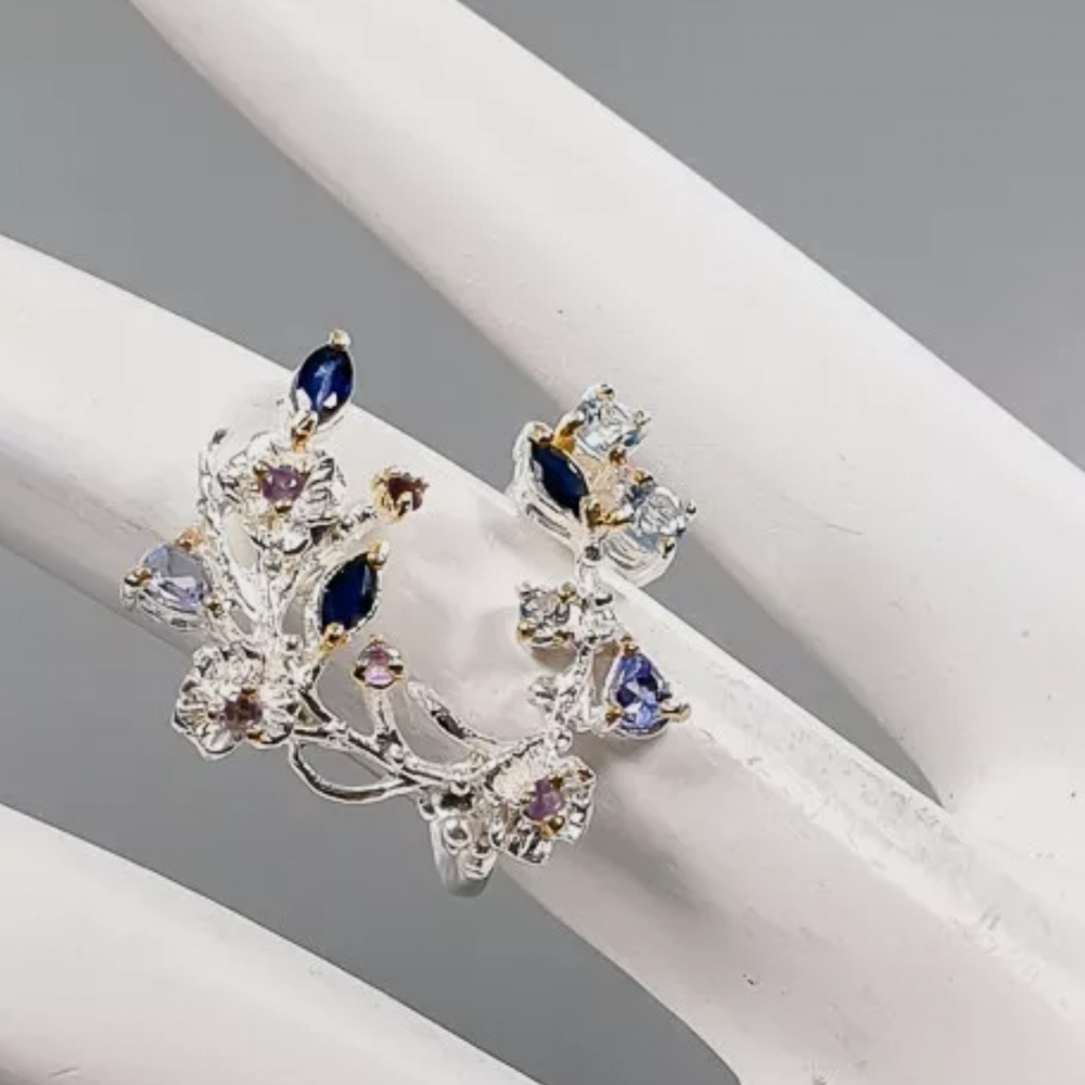Sapphire Amethyst Tanzanite &Topaz Floral wreath Sterling Ring sz6.75 - Picture 8 of 10